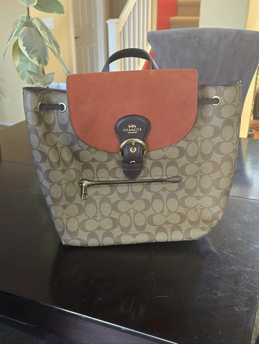 Coach Signature Canvas Tote with Rust Suede Flap